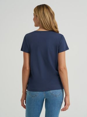 Women's Solid V-Neck Logo Tee in Mood Indigo