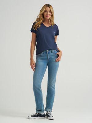 Women's Solid V-Neck Logo Tee in Mood Indigo