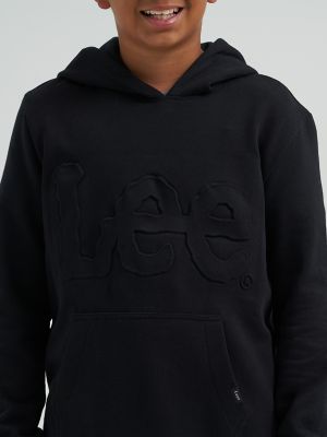 Boy's Embossed Logo Fleece Hoodie in Black