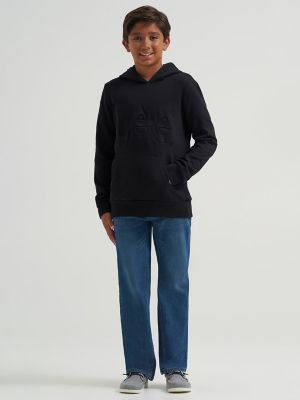 Boy's Embossed Logo Fleece Hoodie in Black