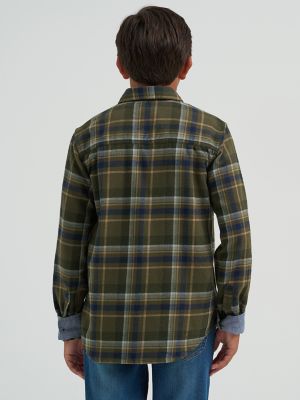 Boy's One Pocket Plaid Flannel Shirt in Dark Olive