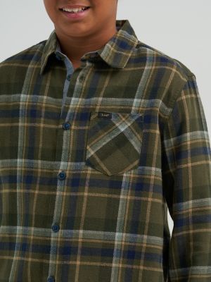 Boy's One Pocket Plaid Flannel Shirt in Dark Olive