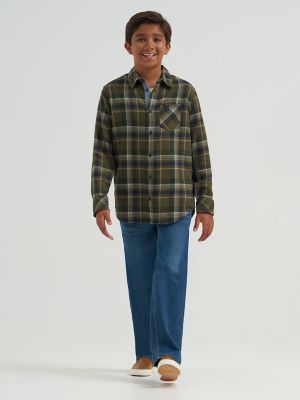 Boy's One Pocket Plaid Flannel Shirt in Dark Olive