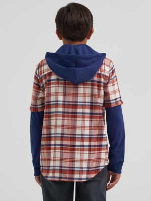 Boy's Hybrid Poplin Plaid Shirt in Rust/Orange