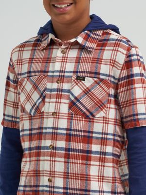 Boy's Hybrid Poplin Plaid Shirt in Rust/Orange