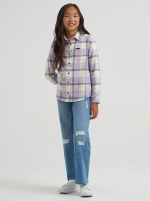 Girl's One Pocket Plaid Flannel Shirt in Orchid Petal