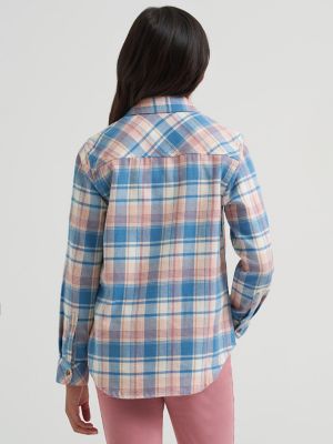 Girl's One Pocket Plaid Flannel Shirt in Peach alternative view
