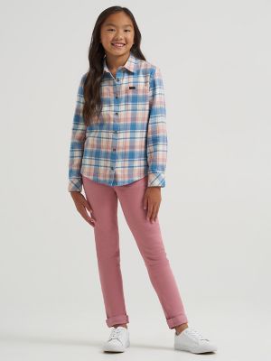 Girl's One Pocket Plaid Flannel Shirt in Peach alternative view 3