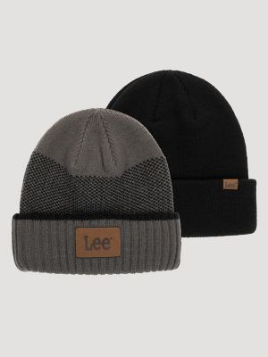 Jacquard Stripe Faux Leather Logo Patch Beanie Set