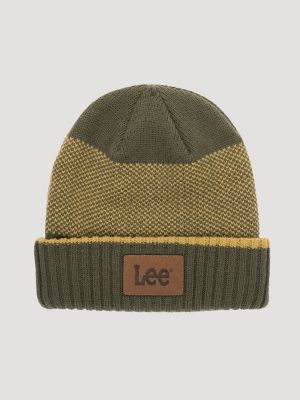 Jacquard Stripe Faux Leather Logo Patch Beanie Set
