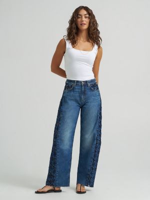 Women's 100% Cotton Lace Side Seam Low Slung Barrel Rider&trade; Jean