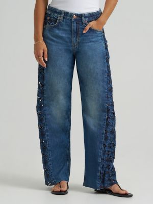 Women's 100% Cotton Lace Side Seam Low Slung Barrel Rider&trade; Jean