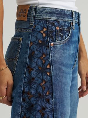 Women's 100% Cotton Lace Side Seam Low Slung Barrel Rider&trade; Jean