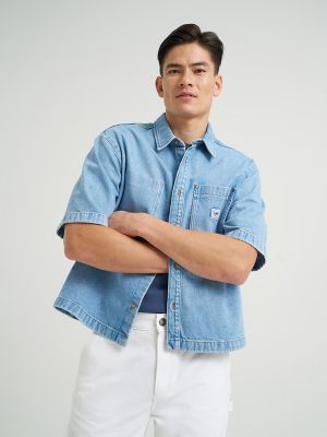 Men's Short Sleeve Loose Denim Button Down Shirt