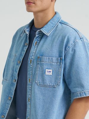 Men's Short Sleeve Loose Denim Button Down Shirt