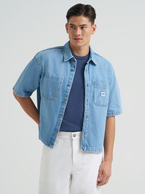 Men's Short Sleeve Loose Denim Button Down Shirt