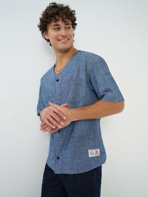 Men's Loose Chambray Button Down Baseball Shirt