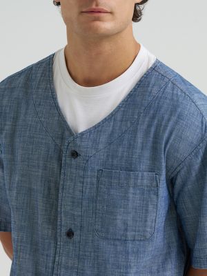 Men's Loose Chambray Button Down Baseball Shirt