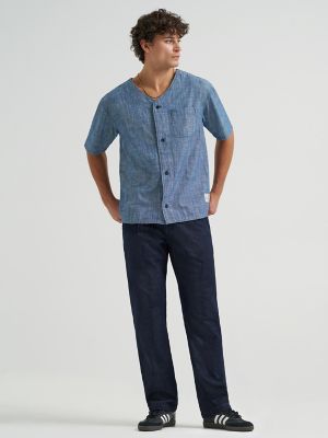 Men's Loose Chambray Button Down Baseball Shirt