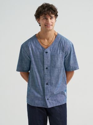 Men's Loose Chambray Button Down Baseball Shirt