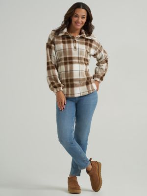 Women's Printed Sherpa Pullover in Brown Plaid alternative view 4