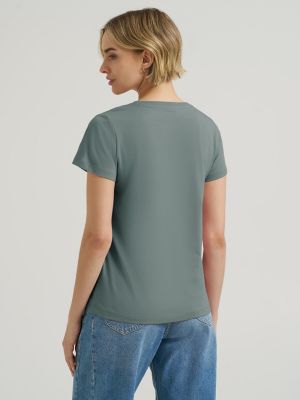 Women's Solid V-Neck Embroidered Logo Tee in Desert Sage alternative view