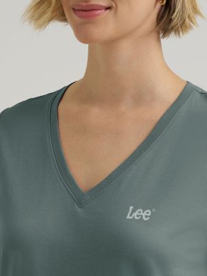 Women's Solid V-Neck Embroidered Logo Tee in Desert Sage alternative view 2