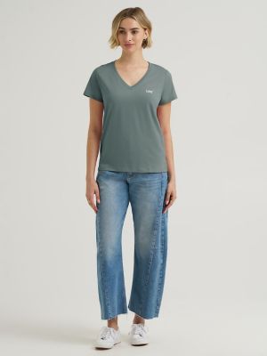 Women's Solid V-Neck Embroidered Logo Tee in Desert Sage alternative view 3