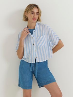 Women's Crop Resort Shirt in Sea Mist Stripe alternative view