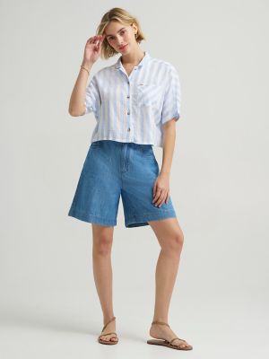 Women's Crop Resort Shirt in Sea Mist Stripe alternative view 2