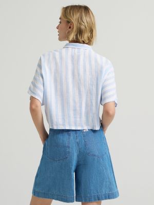 Women's Crop Resort Shirt in Sea Mist Stripe alternative view 3