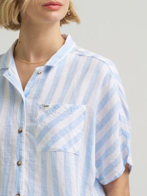 Women's Crop Resort Shirt in Sea Mist Stripe alternative view 4