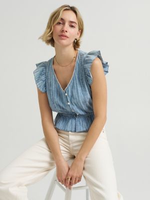 Women's V-Neck Flutter Sleeve Top in Indigo Stripe Dobby alternative view