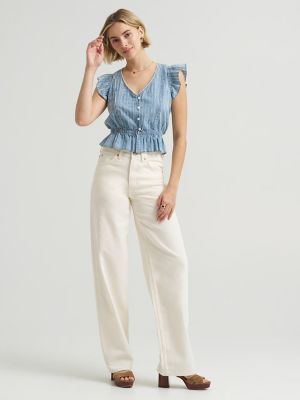 Women's V-Neck Flutter Sleeve Top in Indigo Stripe Dobby alternative view 2