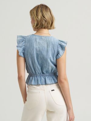Women's V-Neck Flutter Sleeve Top in Indigo Stripe Dobby alternative view 3