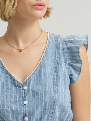 Women's V-Neck Flutter Sleeve Top in Indigo Stripe Dobby alternative view 4