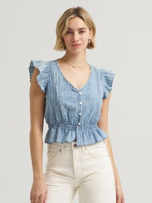 Women's V-Neck Flutter Sleeve Top in Indigo Stripe Dobby main view