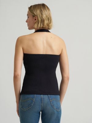 Women's Rib Knit Halter Top in Black alternative view 3