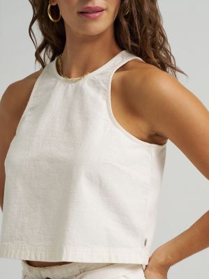 Women's Boxy Button Back Linen Tank Top