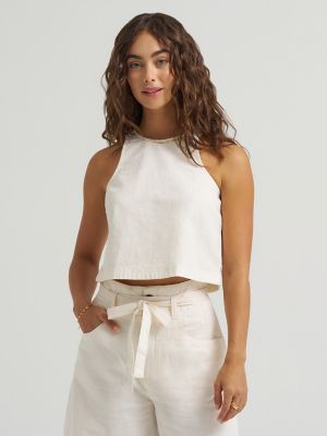 Women's Boxy Button Back Linen Tank Top