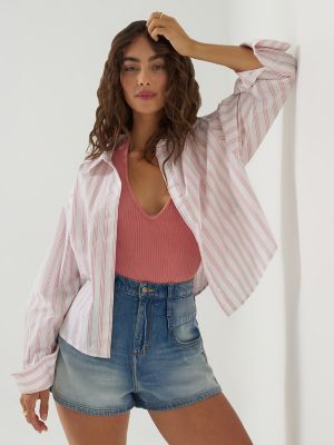 Women's Wide Cuff Stripe Button Down Shirt in Mallory Stripe alternative view