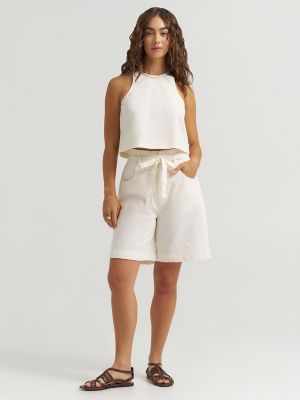 Women's High Rise Pleated Linen Bermuda in Natural alternative view