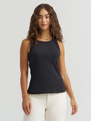 Women's Solid Ribbed Tank Top in Black main view