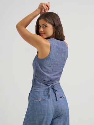 Womens Button Front Tie Vest:Indigo Prep:M alternative view