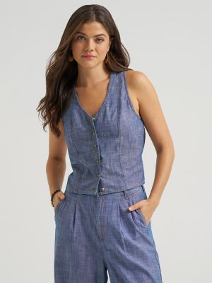 Womens Button Front Tie Vest:Indigo Prep:M main view