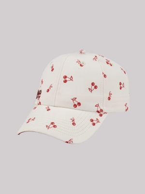 Women's All Over Cherry Print Dad Cap in Ivory/Red