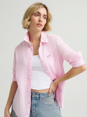 Women's All Purpose Linen Button Down Shirt in Icy Pink Crossdye