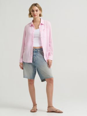 Women's All Purpose Linen Button Down Shirt in Icy Pink Crossdye