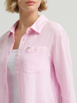 Women's All Purpose Linen Button Down Shirt in Icy Pink Crossdye