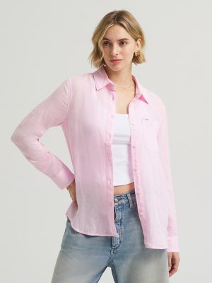 Women's All Purpose Linen Button Down Shirt in Icy Pink Crossdye
